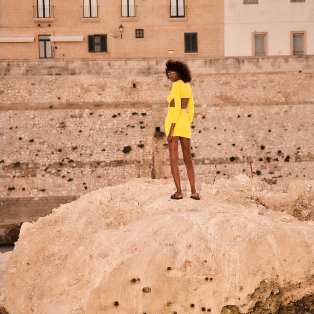 Zara Chic Yellow Long-Sleeve V-Neck Back Cut-Out Knit Mini Dress